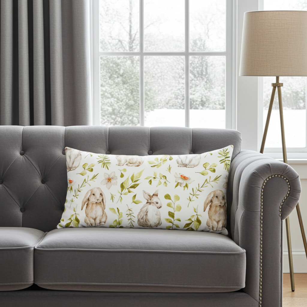 Baumwoll Kissenhülle Hasen & botanischen Zweigen 30x50 cm