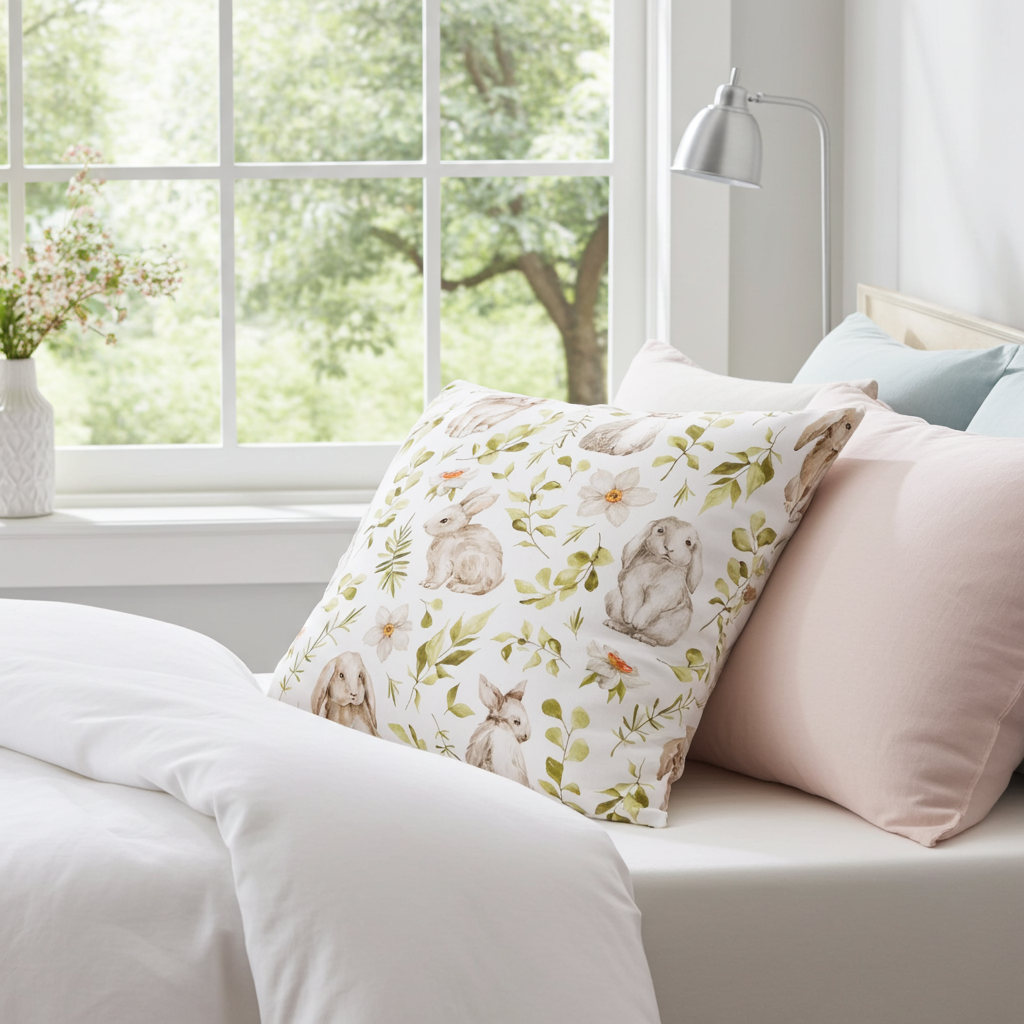 Baumwoll Kissenhülle Hasen & botanischen Zweigen 50x50 cm