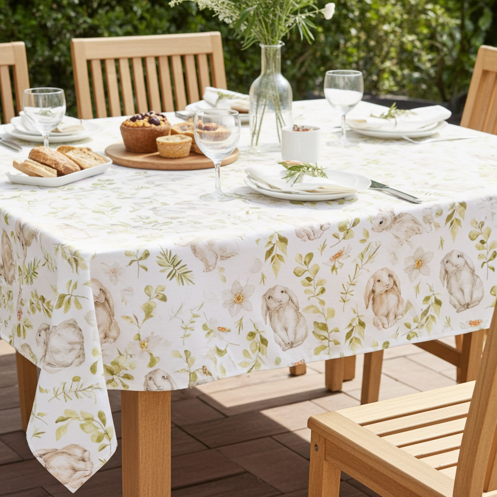 Baumwoll Tischdecke Hasen und botanische Zweige 110x110 cm