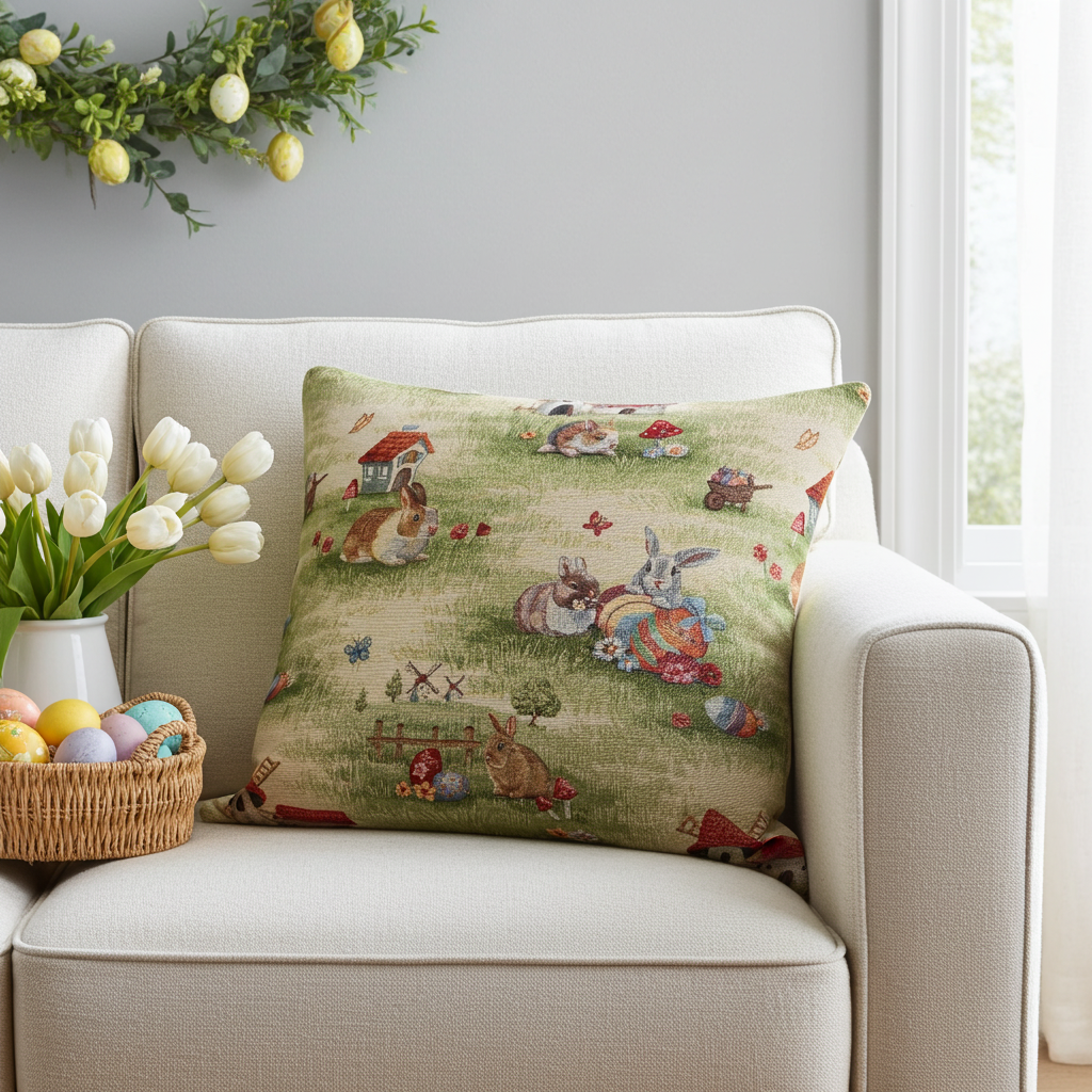 Gobelin Kissenhülle mit buntem Ostertreiben - Easter Scenery 40x40 cm