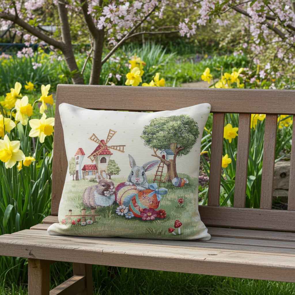 Gobelin Kissenhülle mit buntem Ostertreiben - Easter Scenery 45x45 cm