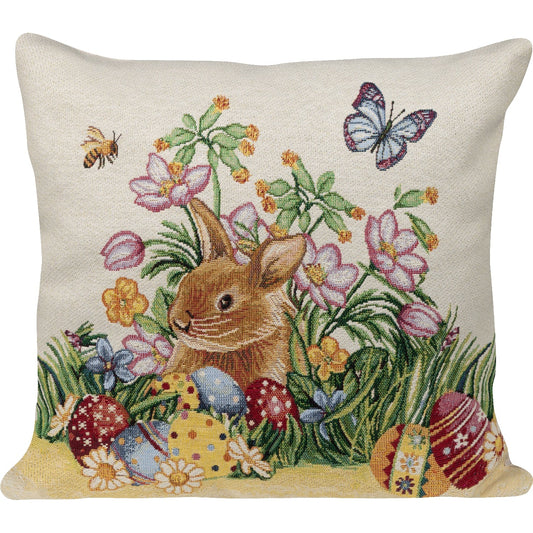 Gobelin Kissenhülle Hasen & bunte Blumenwiese 45x45 cm