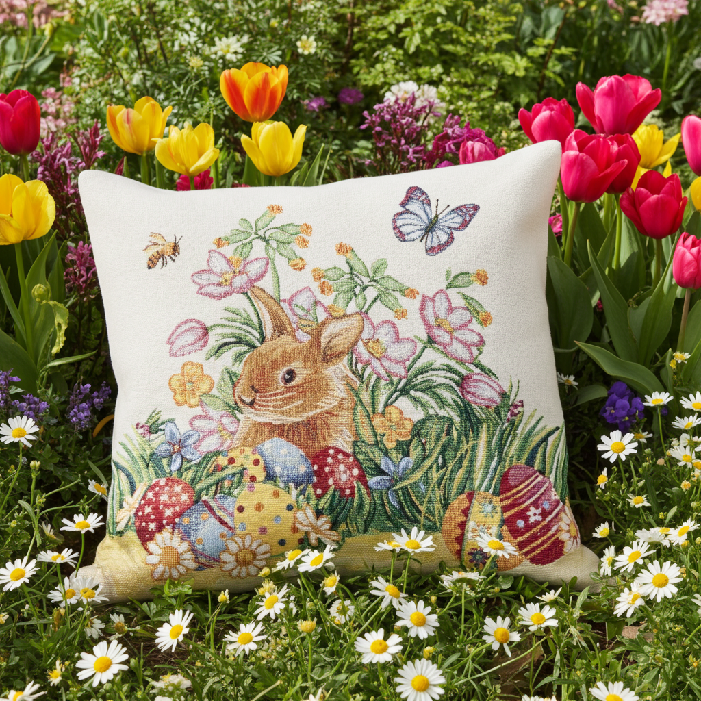 Gobelin Kissenhülle Hasen & bunte Blumenwiese 45x45 cm