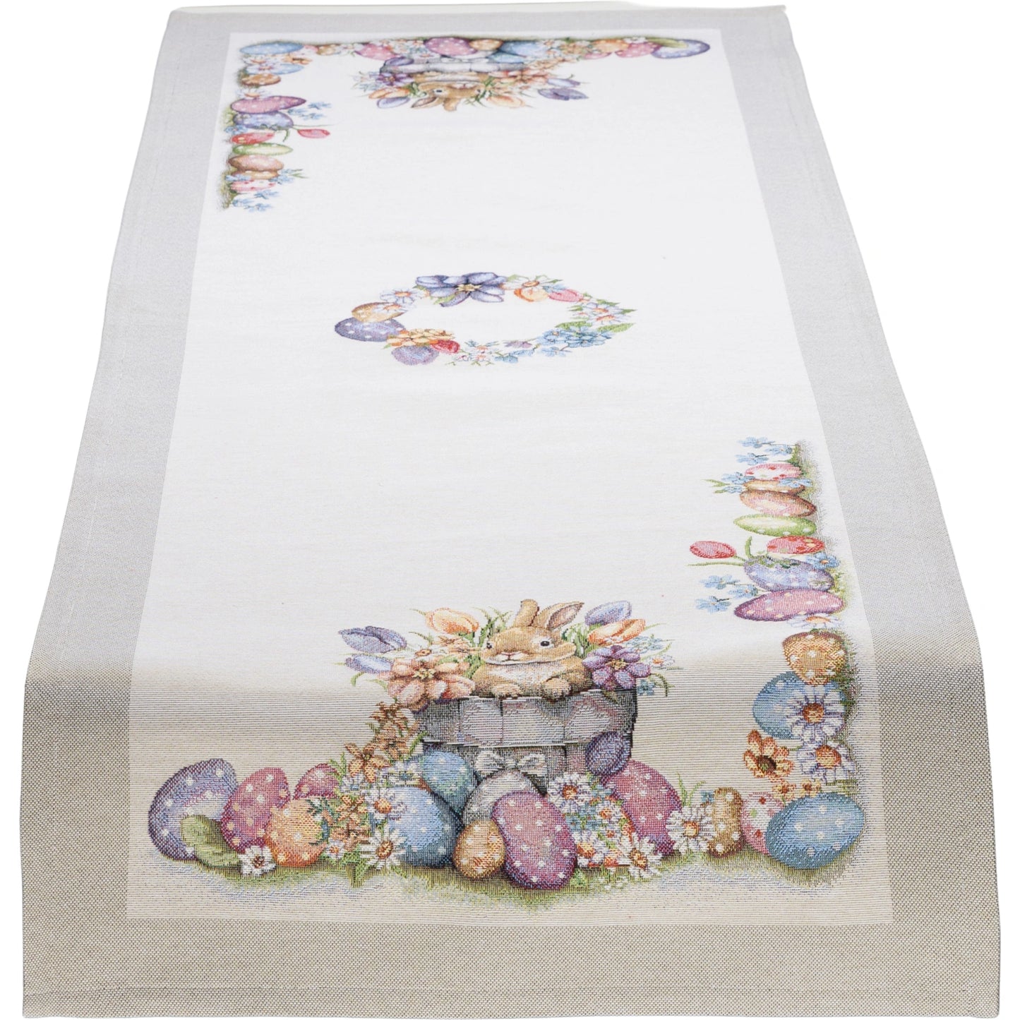 Gobelin Tischband mit Hase im bunten Osternest - Easter Flower Bunny 45x140 cm