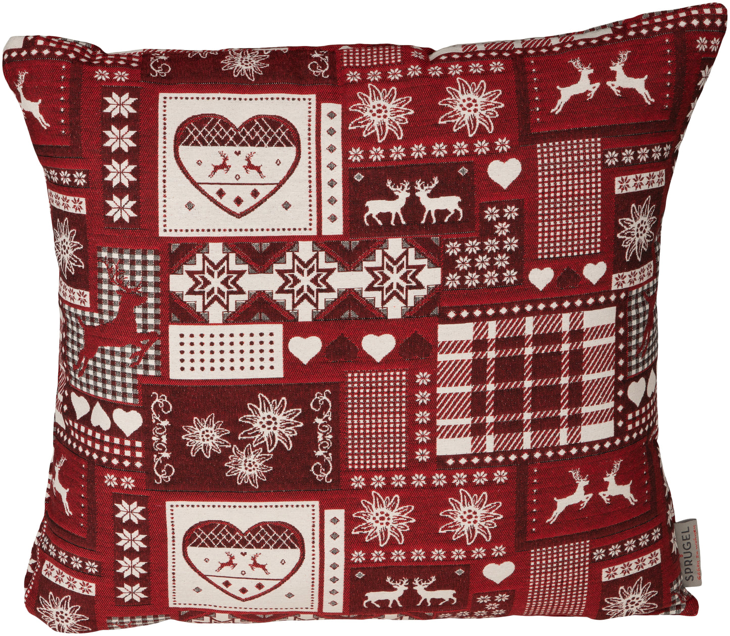 Kissenhülle Montana Cottage Rot 50x50 cm | Glatt & Fest - Patchwork Alpin Hirsch Dunkelrot