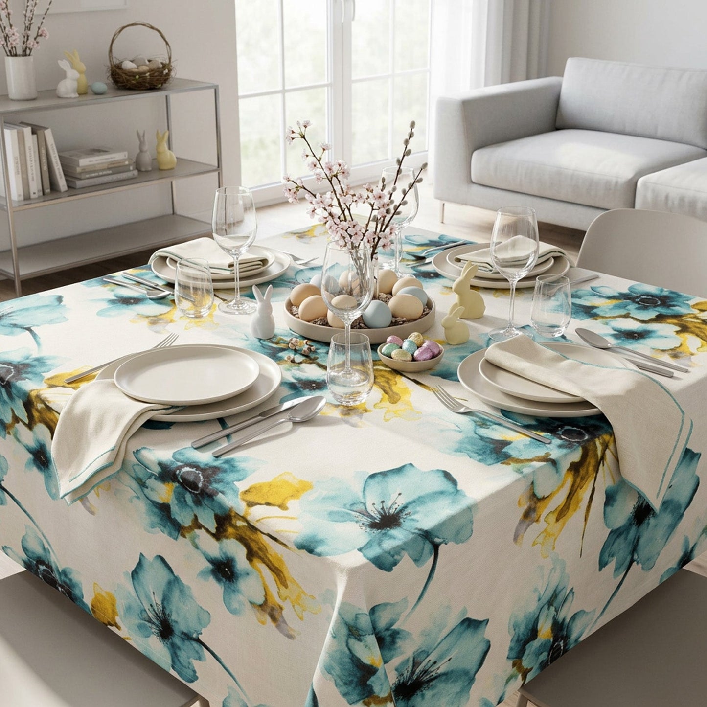 Edel Samt Tischdecke Blaue Mohnblume 110x110 cm