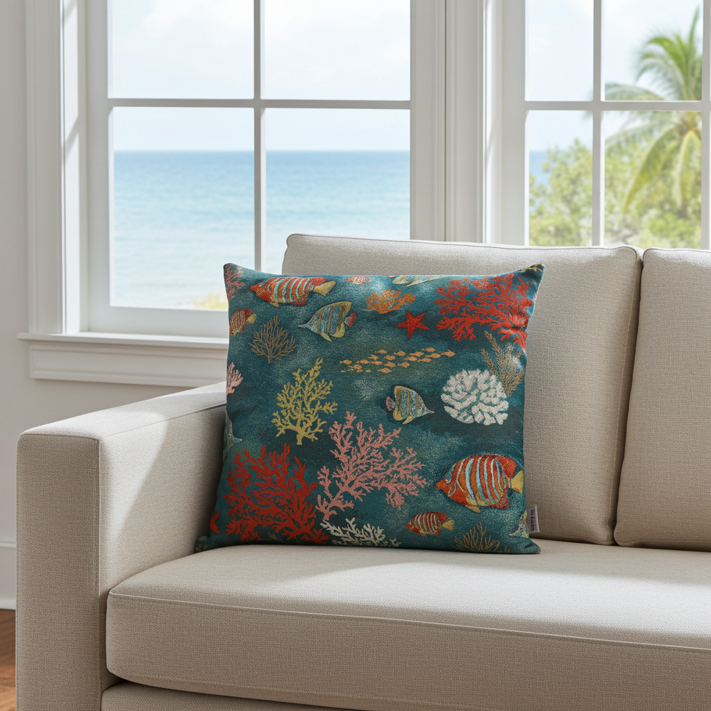 Jacquard Kissenhülle Fische und Korallen 45x45 cm