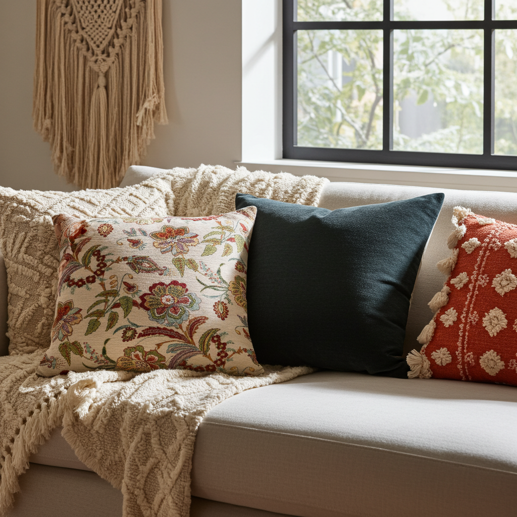 Samtweiche Chenille Kissenhülle Floral 45x45 cm | flauschig-weich in creme beige | Motiv direkt eingewebt