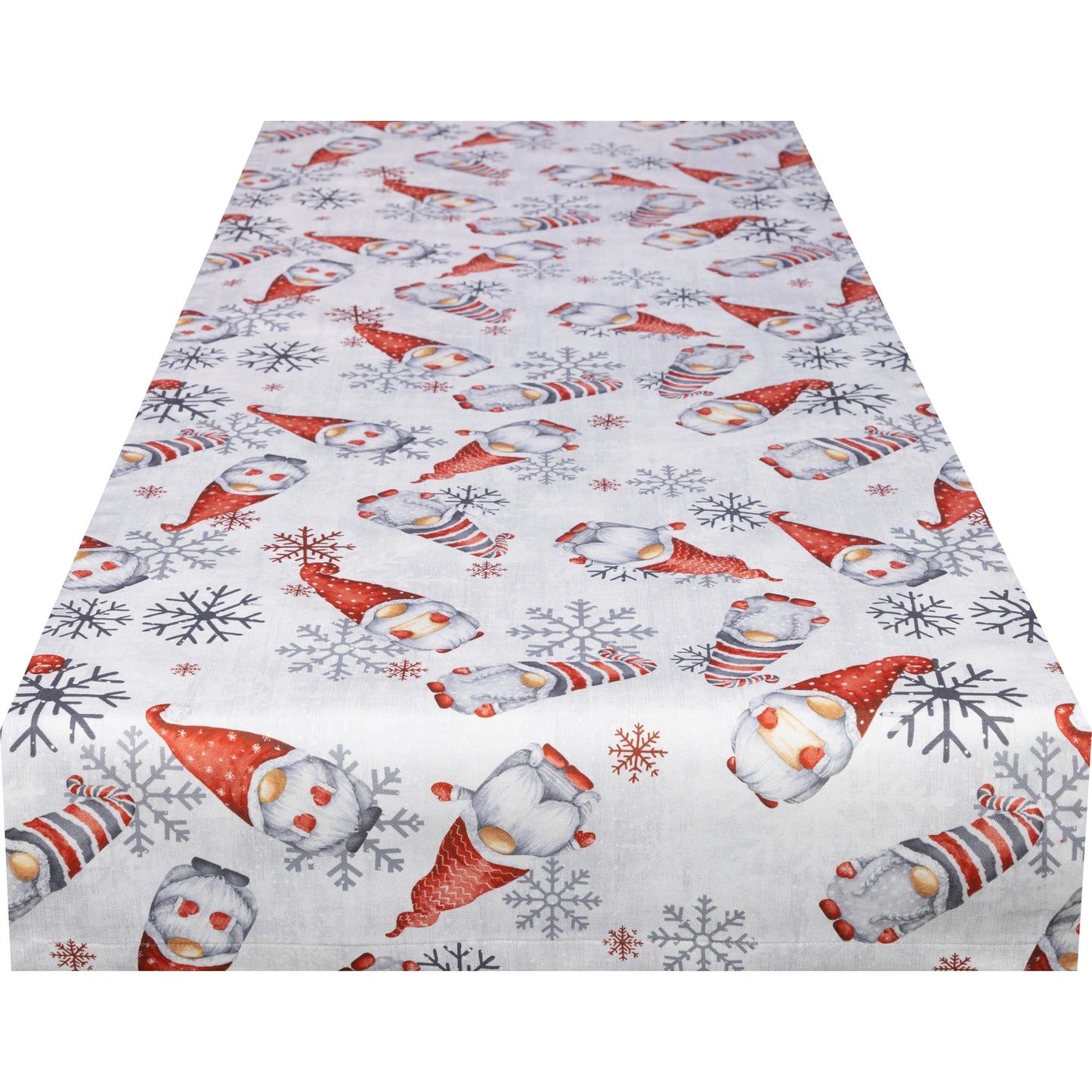 Rechteckiger Tischläufer mit All-Over-Print aus Wichteln mit roten Mützen und großen, grauen Schneeflocken