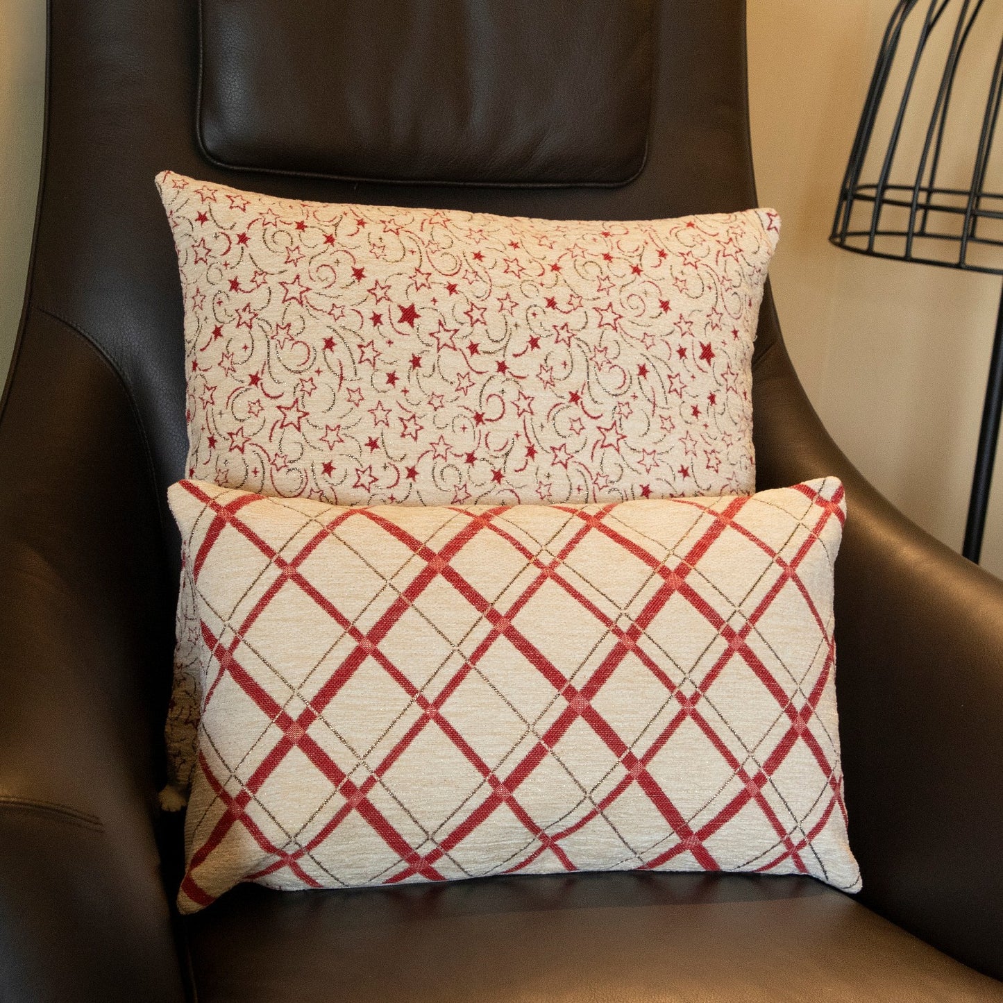Wendekissenhülle mit Sternen und Karo in rot/beige - Starlight Mix creme Chenille - 30x50 cm - SPRÜGEL