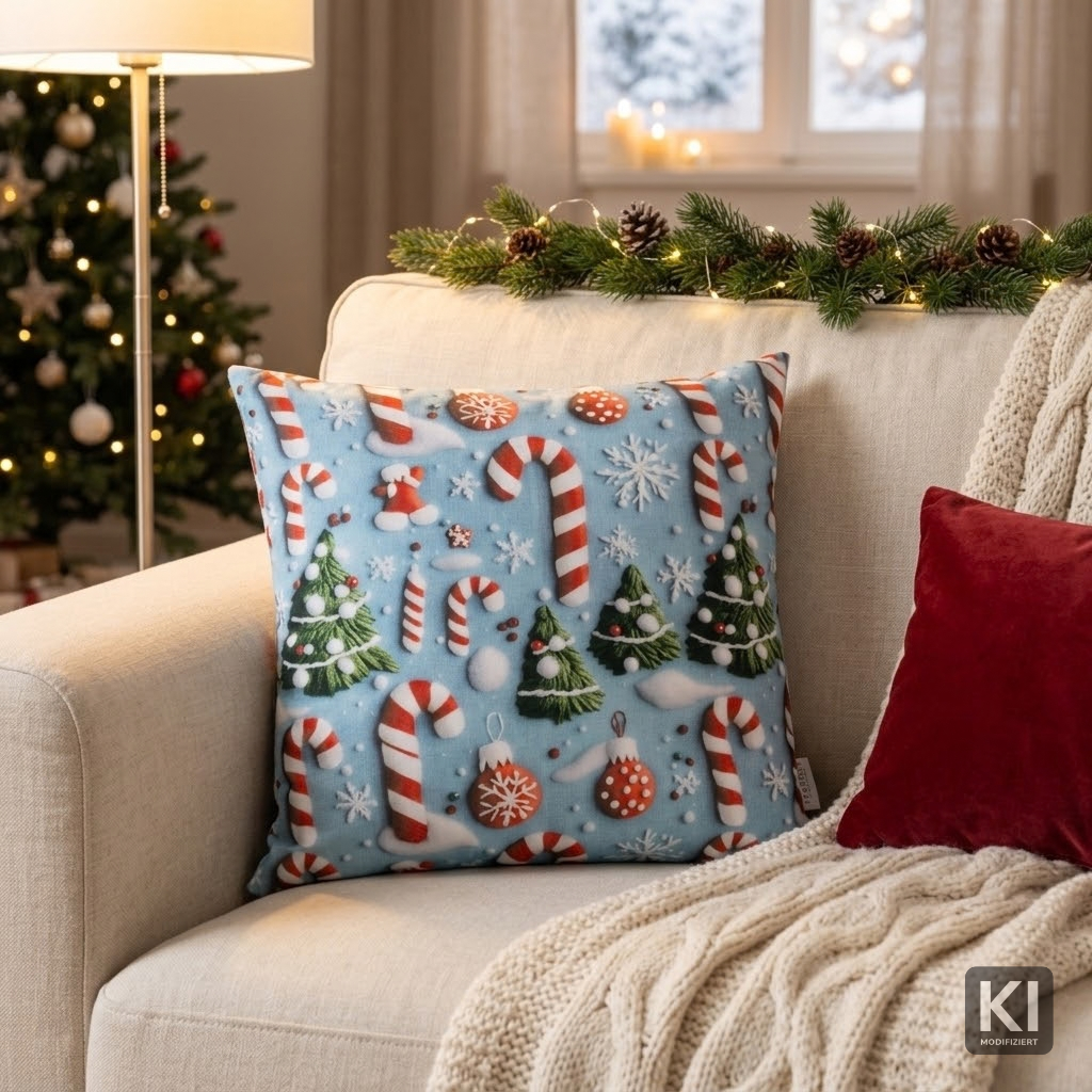 Kissenhülle Winter Candy Cane 50x50 cm | Naturweich & Matt - Zuckerstange Weihnachten Hellblau