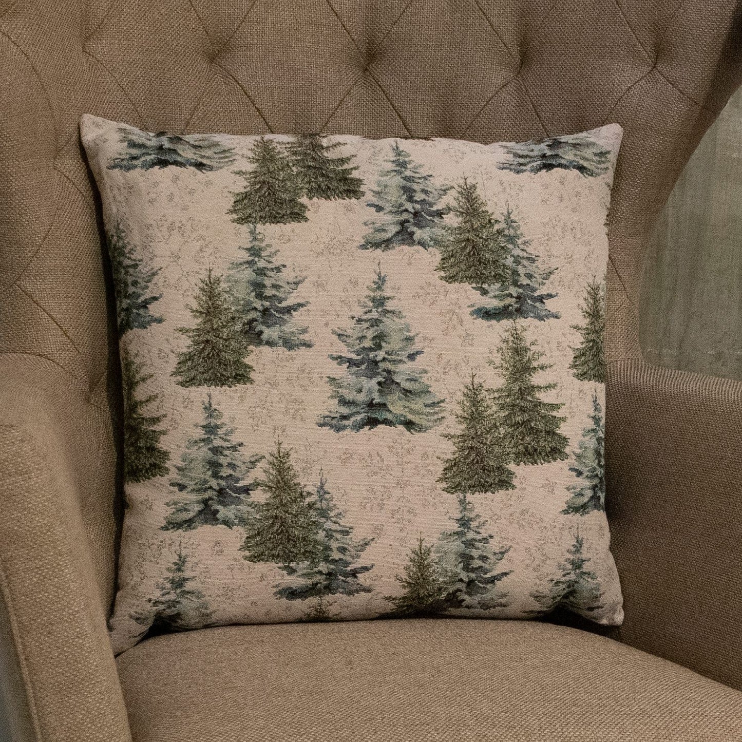 Gobelin Kissenhülle mit Tannenbäumen und Schneeflocken - Neoteric Forest - 50x50 cm - SPRÜGEL