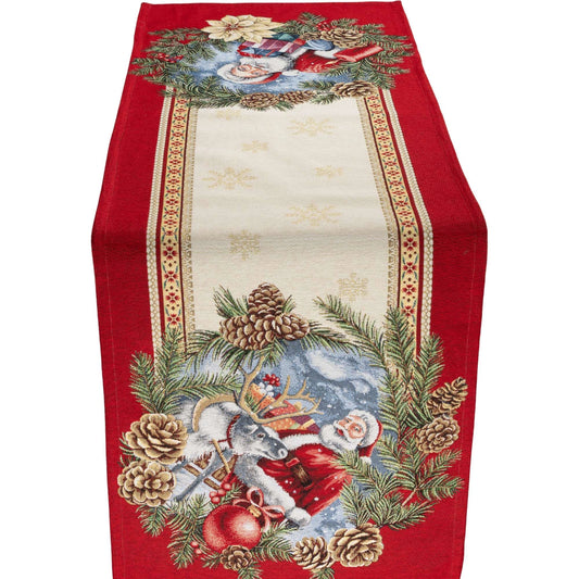 Rechteckiger Gobelin-Tischläufer mit rotem Rand, Motiv zeigt Weihnachtsmann und Rentier umgeben von Tannenzapfen und Kugeln