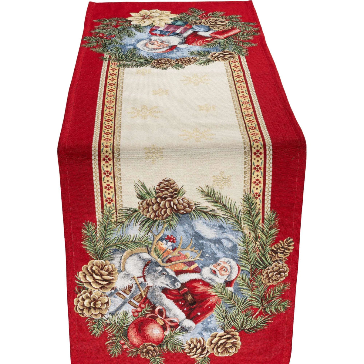 Rechteckiger Gobelin-Tischläufer mit rotem Rand, Motiv zeigt Weihnachtsmann und Rentier umgeben von Tannenzapfen und Kugeln