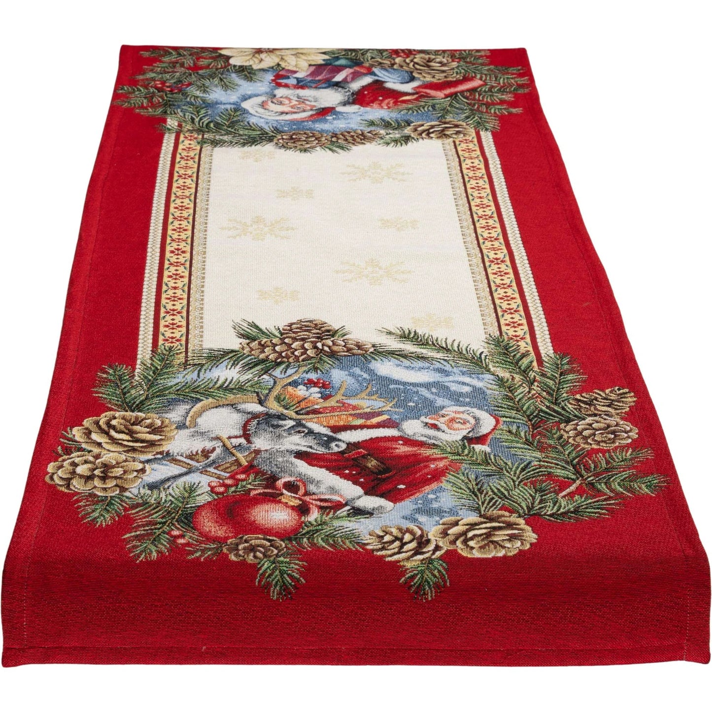 Rechteckiger Gobelin-Tischläufer gestreckt mit rotem Rand, Motiv zeigt Weihnachtsmann und Rentier umgeben von Tannenzapfen und Kugeln