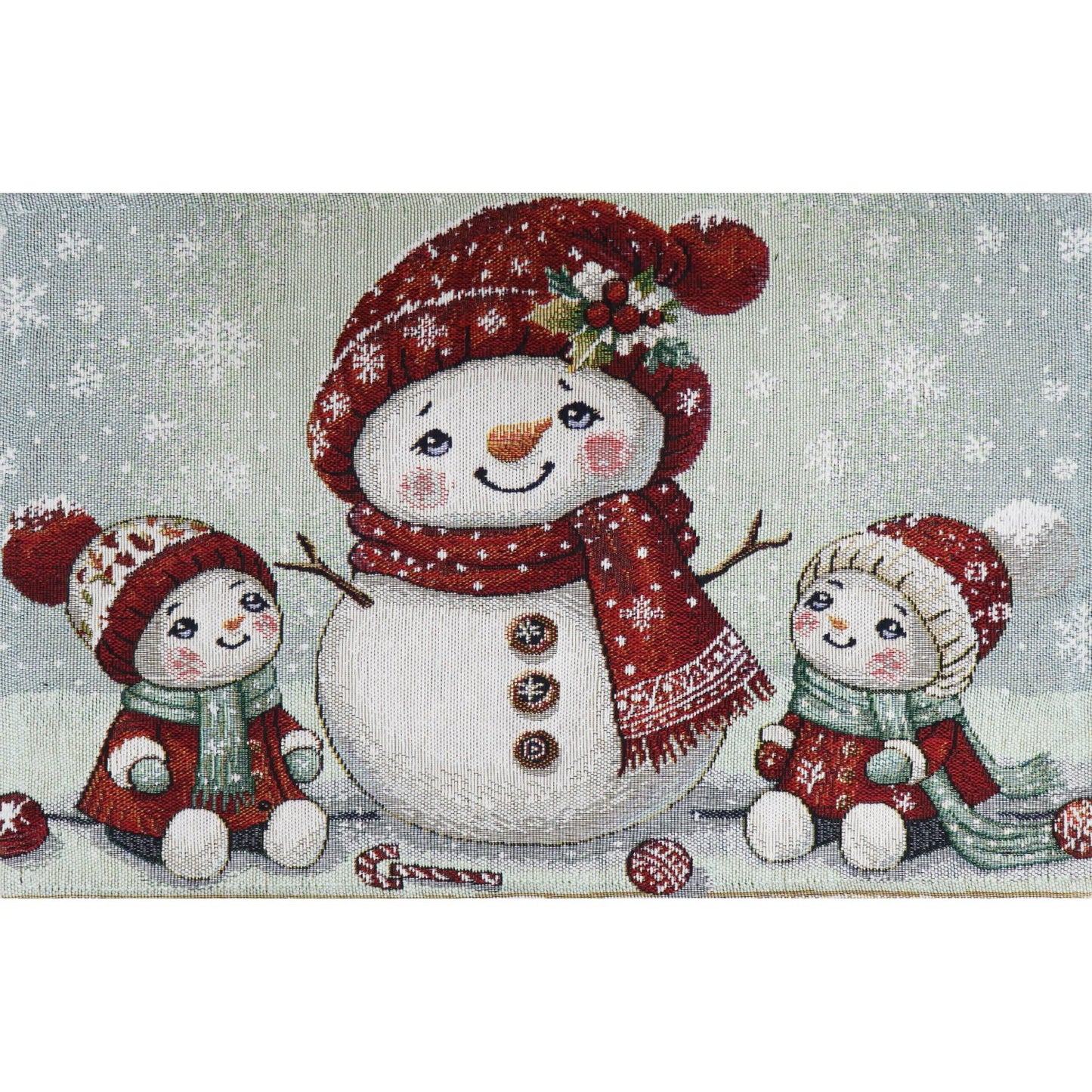 weihnachtliches Gobelin Tischset mit drei Schneemännern im Hintergrund schneit es - Cozy Snowman - SPRÜGEL