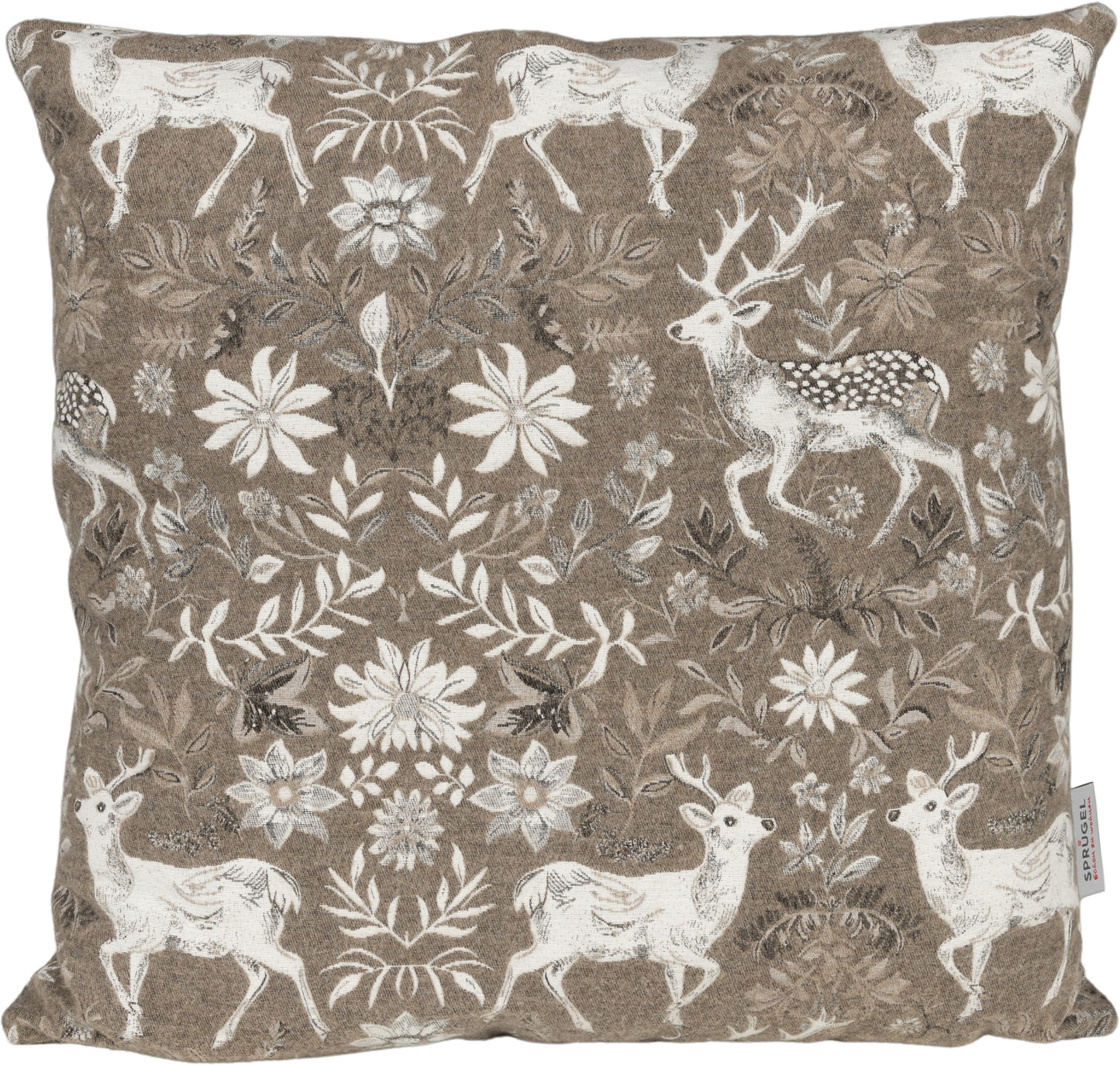 Kissenhülle Homeland Deer Taupe 40x40 cm | Filzig-Warm & Robust - Hirsch Blumen Taupe Weiß