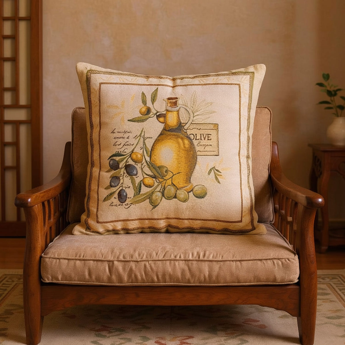 Gobelin Kissenhülle Oliven & Olivenöl 45x45 cm | Motiv direkt eingewebt