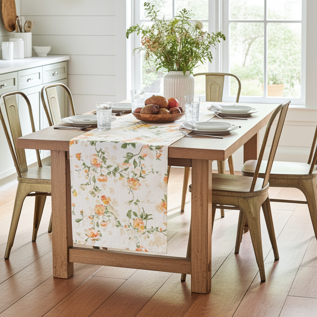 Baumwoll Tischband Zweige und orange Blüten 50x150 cm