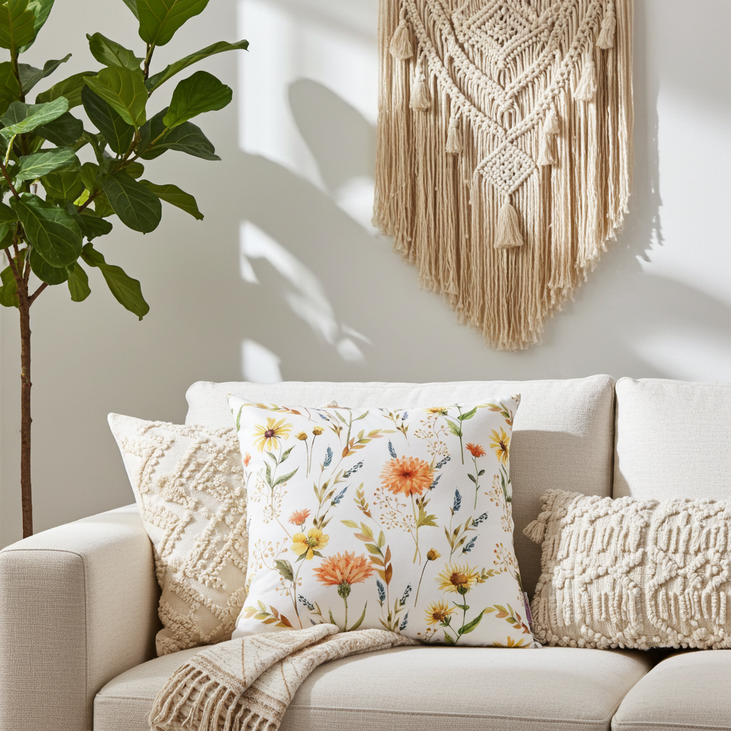 Frühlingsblumen Kissen auf hellem Sofa