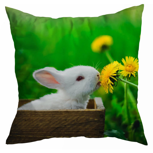 Kissenhülle mit weißem Hasen und Löwenzahn - White Bunny 45x45 cm