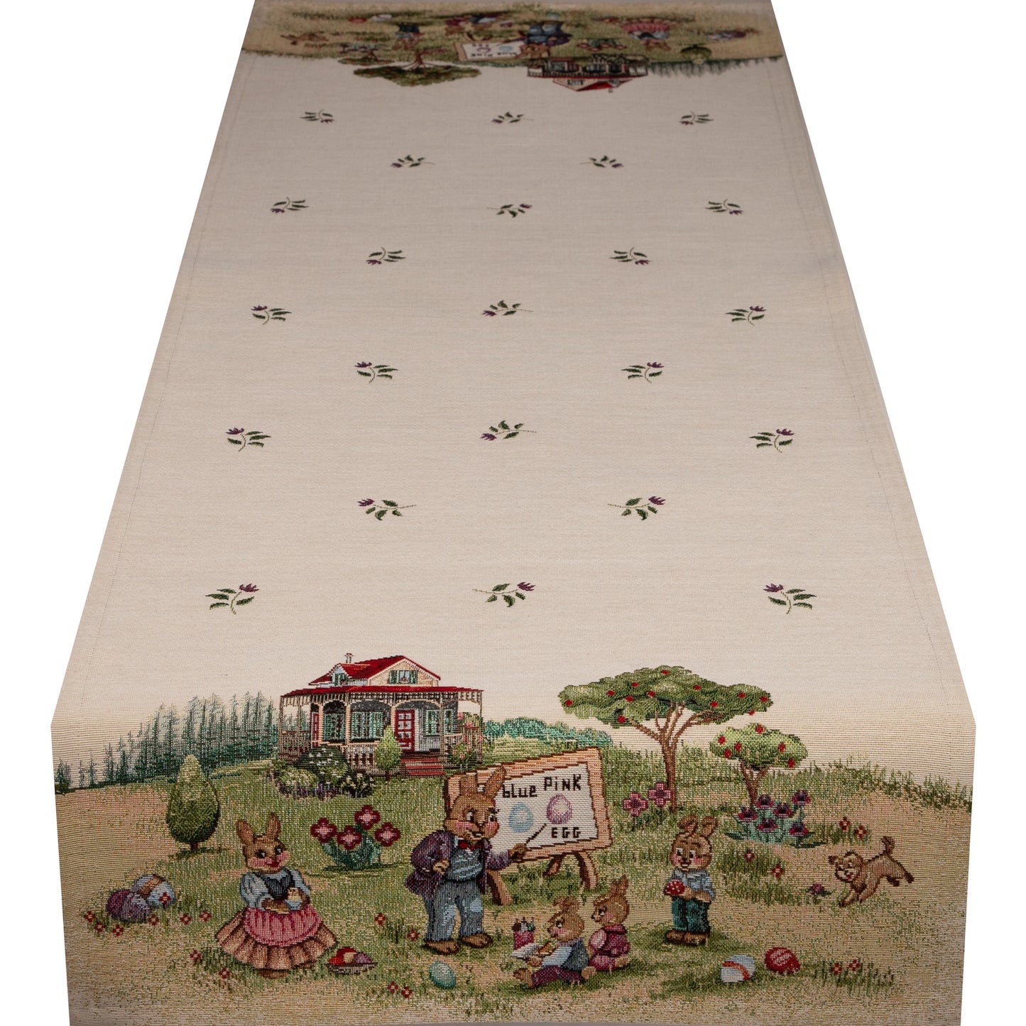 Gobelin Tischband mit Hasenschule - Rabbit School 45x140 cm