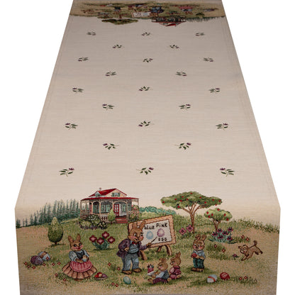 Gobelin Tischband mit Hasenschule - Rabbit School 45x140 cm