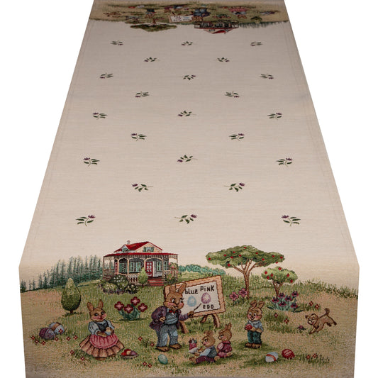 Gobelin Tischband mit Hasenschule - Rabbit School 45x140 cm