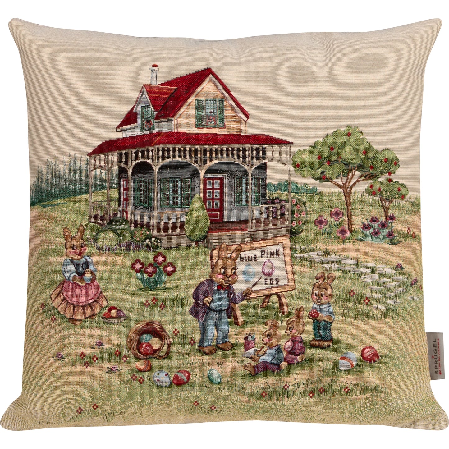 Gobelin Kissenhülle mit Hasenschule - Rabbit School 45x45 cm