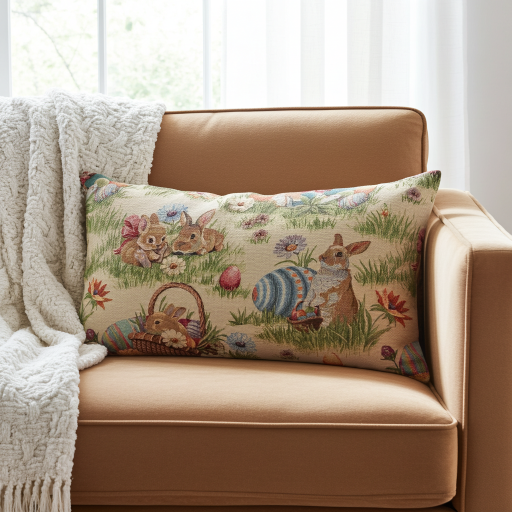 Gobelin Kissenhülle mit Osterhasen Picknick - Rabbit Picknick 30x50 cm