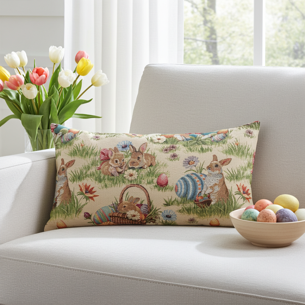 Gobelin Kissenhülle mit Osterhasen Picknick - Rabbit Picknick 30x50 cm