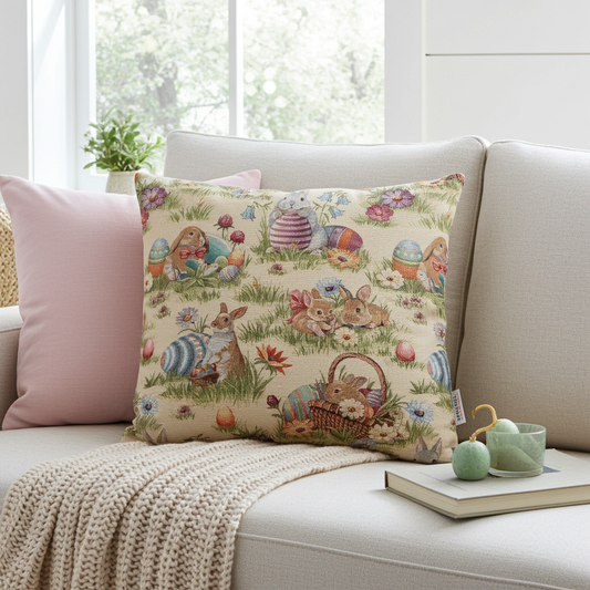 Gobelin Kissenhülle mit Osterhasen Picknick - Rabbit Picknick 50x50 cm