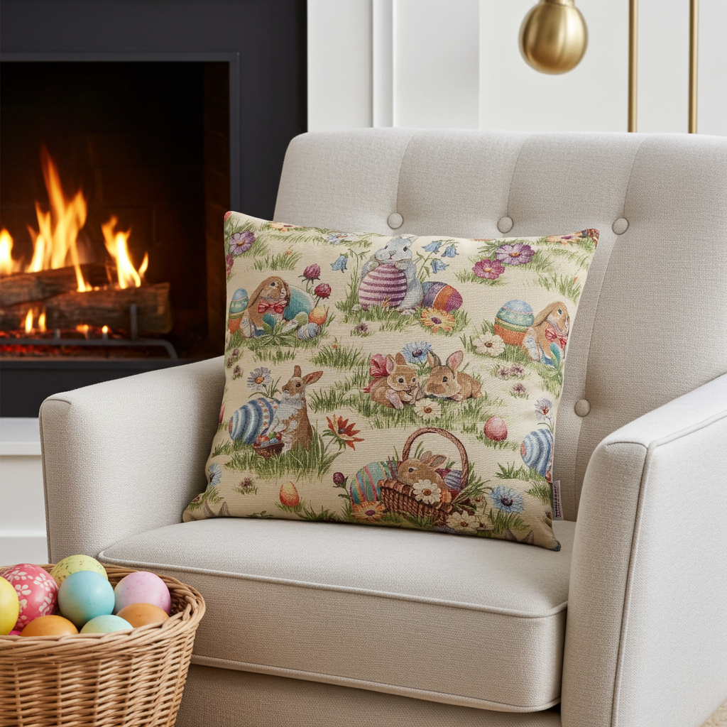 Gobelin Kissenhülle mit Osterhasen Picknick - Rabbit Picknick 60x60 cm