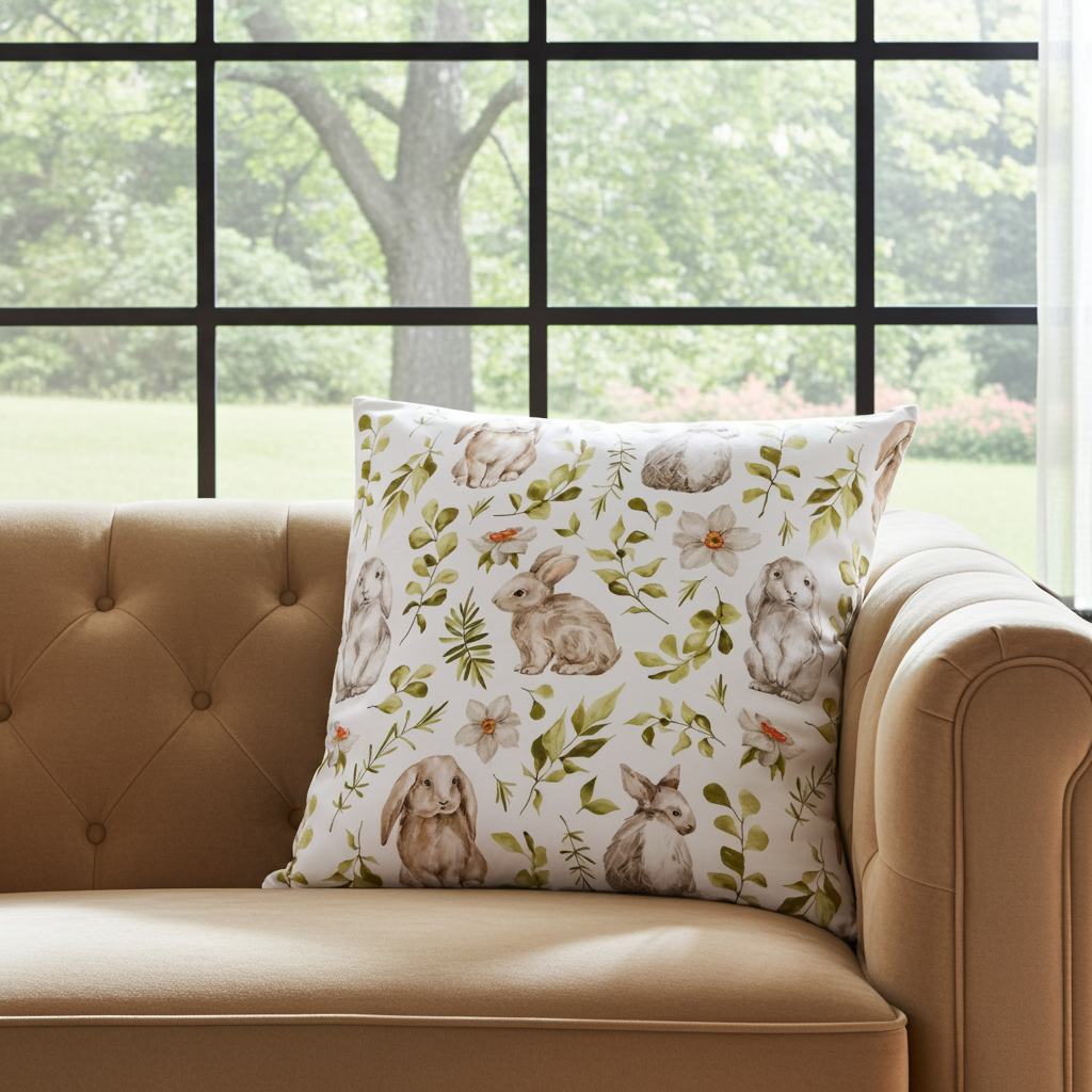 Baumwoll Kissenhülle Hasen & botanischen Zweigen 40x40 cm
