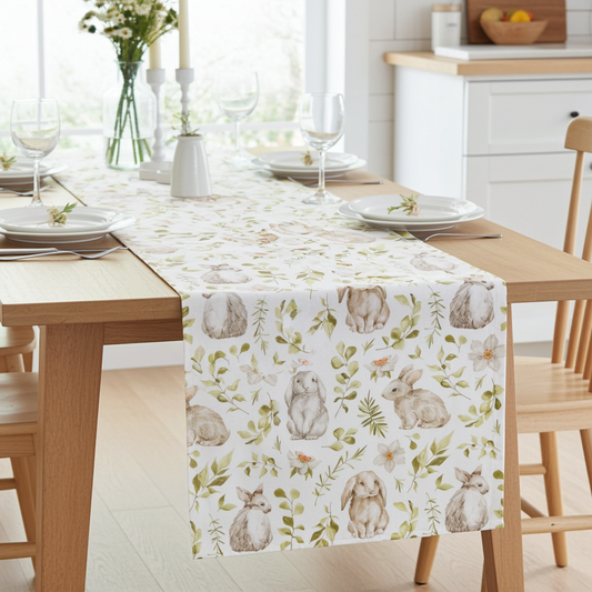 Baumwoll Tischband Hasen & botanischen Zweigen 50x150 cm