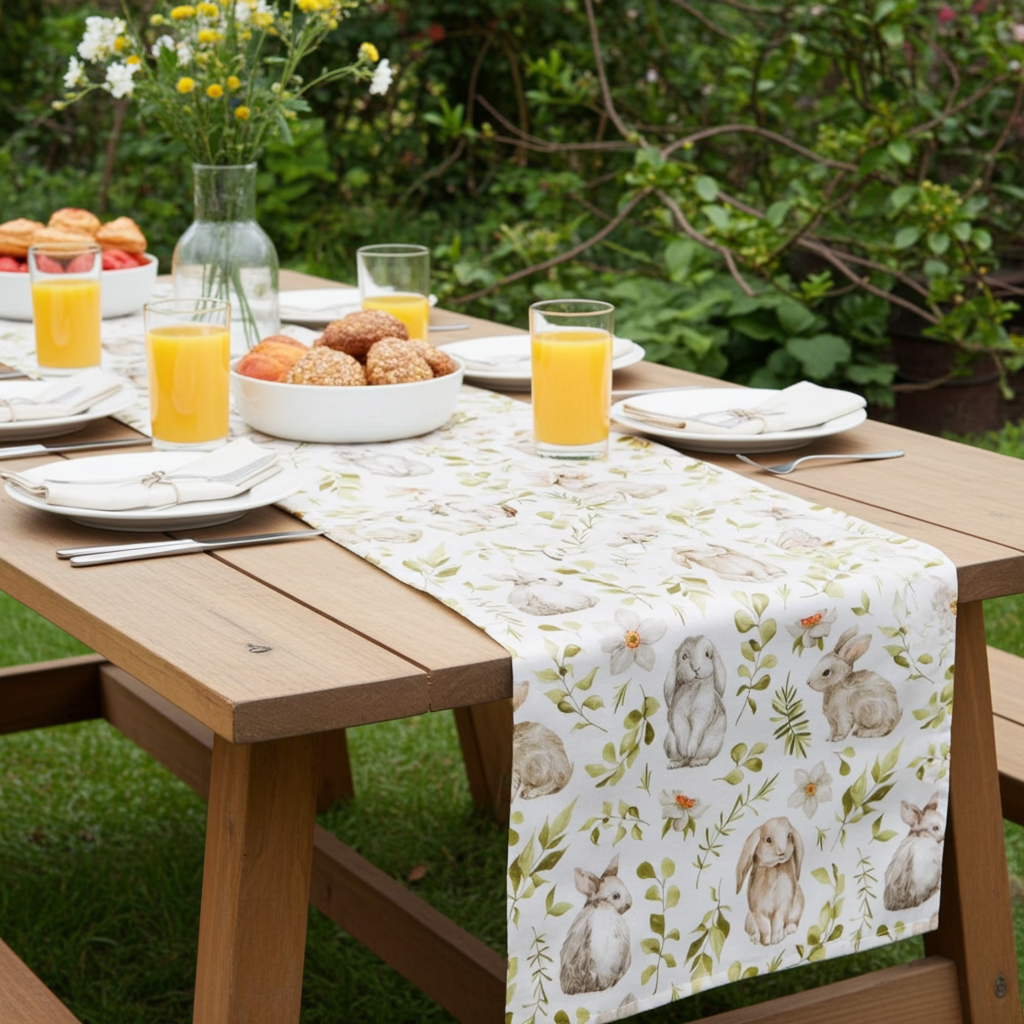 Baumwoll Tischband Hasen & botanischen Zweigen 50x150 cm