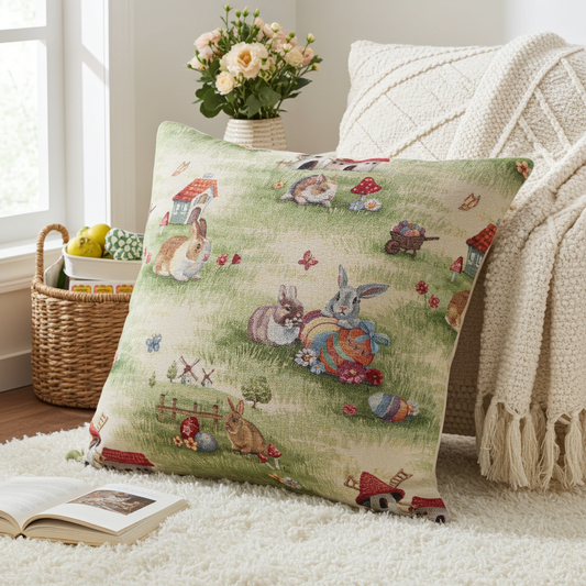Gobelin Kissenhülle mit buntem Ostertreiben - Easter Scenery 40x40 cm