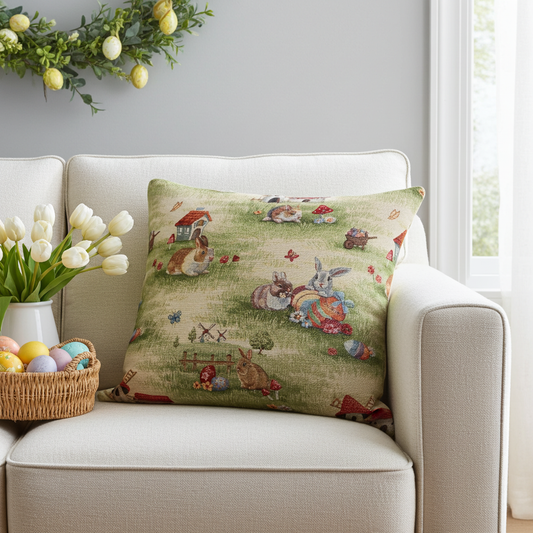Gobelin Kissenhülle mit buntem Ostertreiben - Easter Scenery 50x50 cm