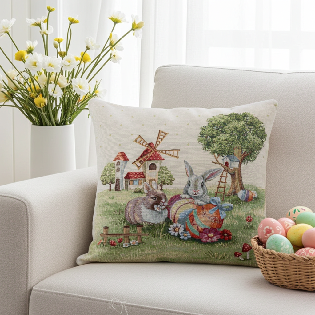 Gobelin Kissenhülle mit buntem Ostertreiben - Easter Scenery 45x45 cm