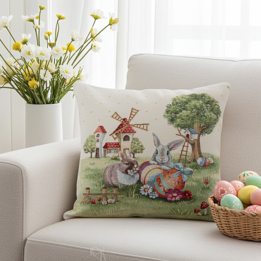 Gobelin Kissenhülle mit buntem Ostertreiben - Easter Scenery 45x45 cm