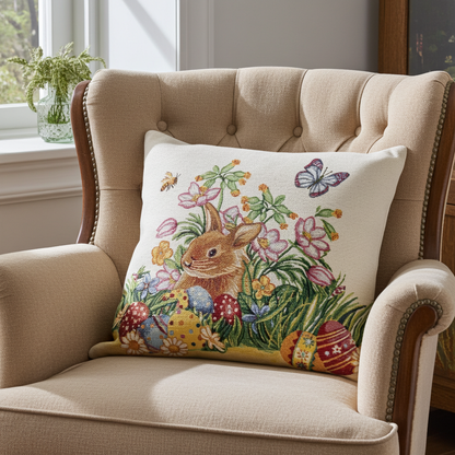 Gobelin Kissenhülle mit Hasen & bunter Blumenwiese - Easter Flowerfield 45x45 cm