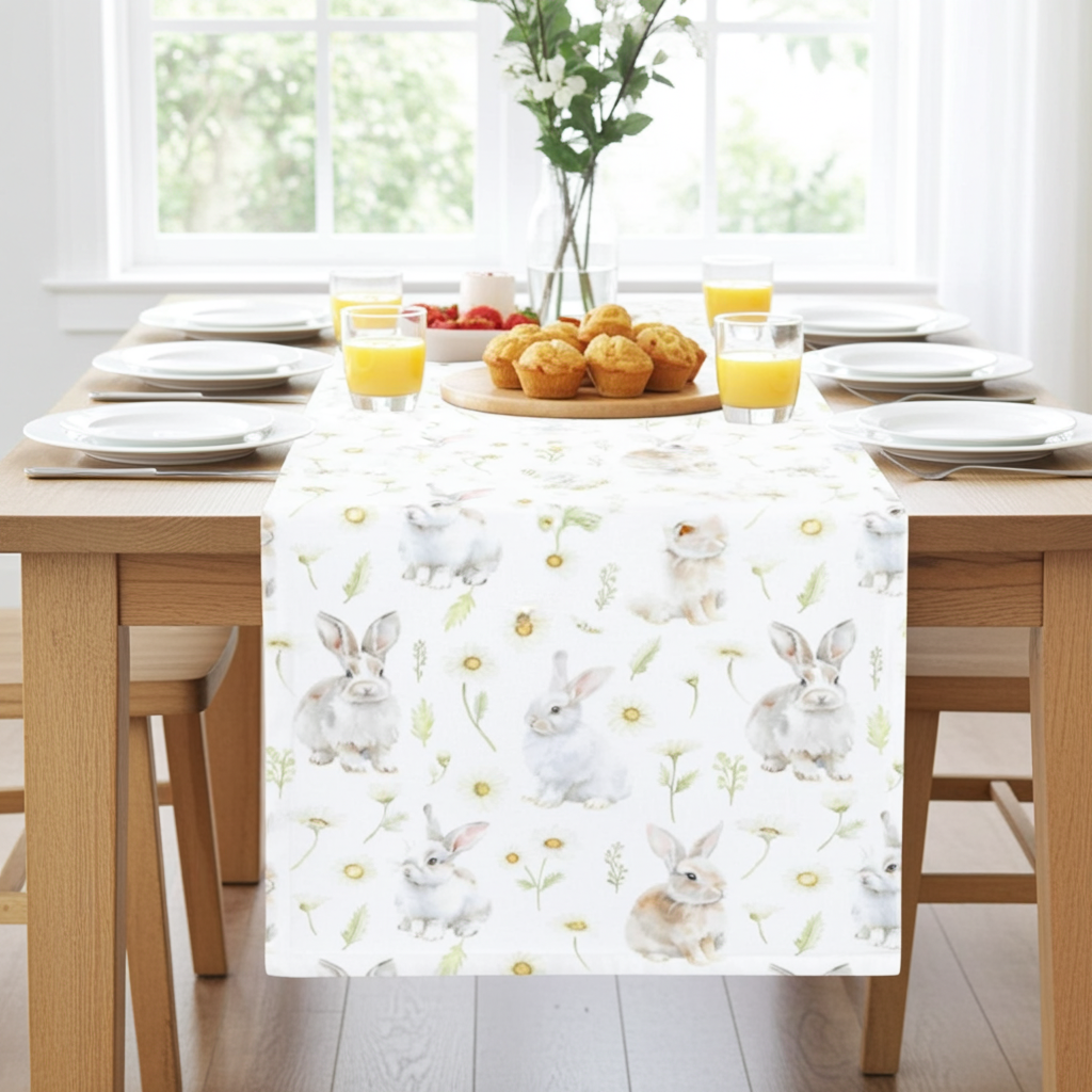 Tischband mit Hasen im Blütenregen - Juma Rabbit 50x150 cm