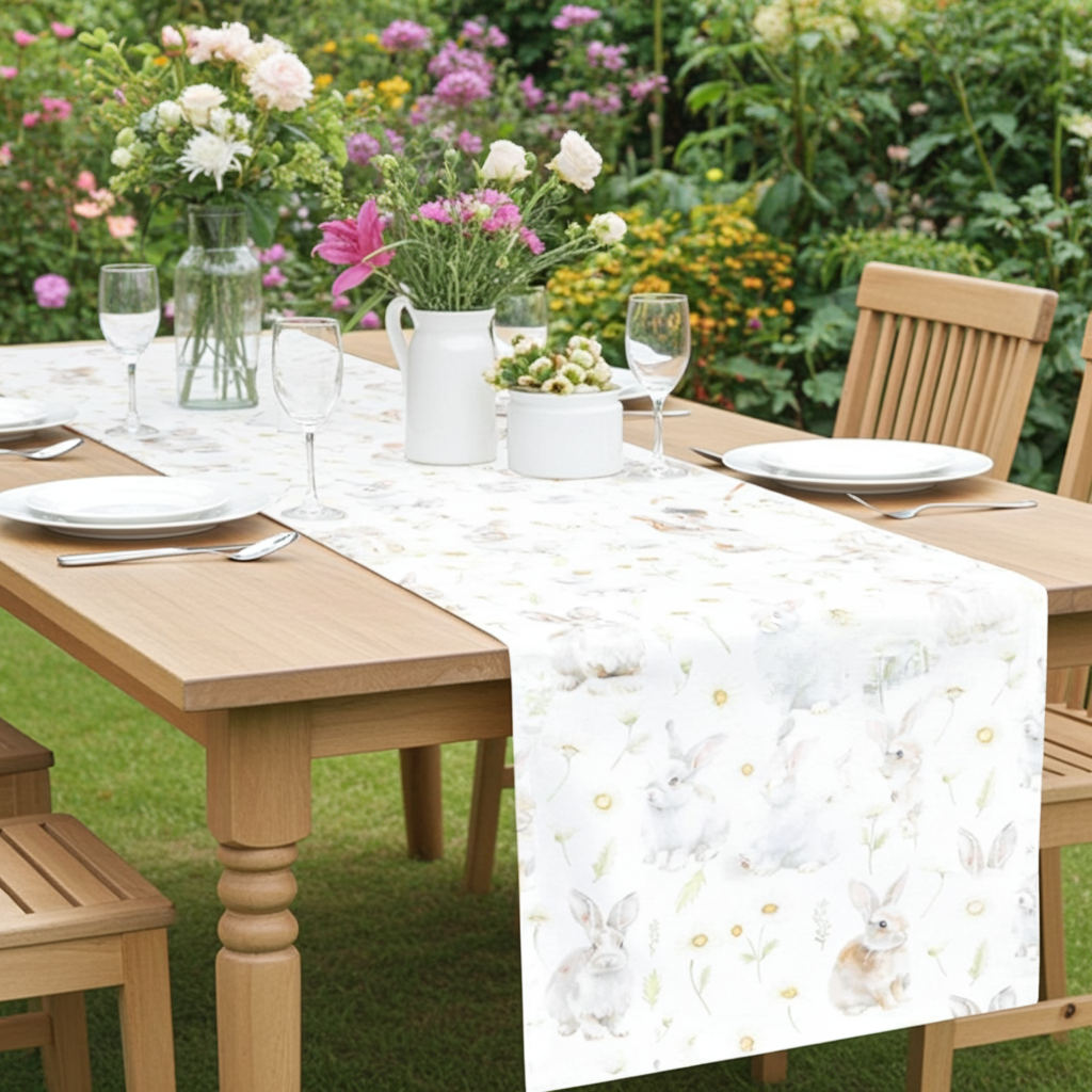 Tischband mit Hasen im Blütenregen - Juma Rabbit 50x150 cm