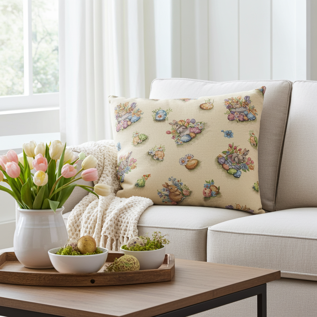 Gobelin Kissenhülle mit Hase im bunten Osternest - Easter Flower Bunny 40x40 cm