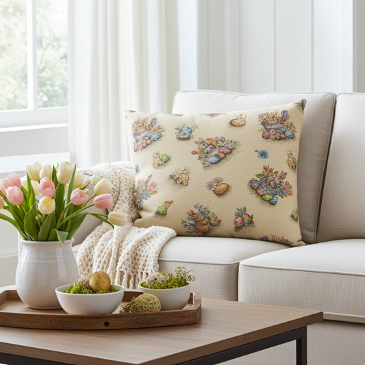 Gobelin Kissenhülle mit Hase im bunten Osternest - Easter Flower Bunny 50x50 cm