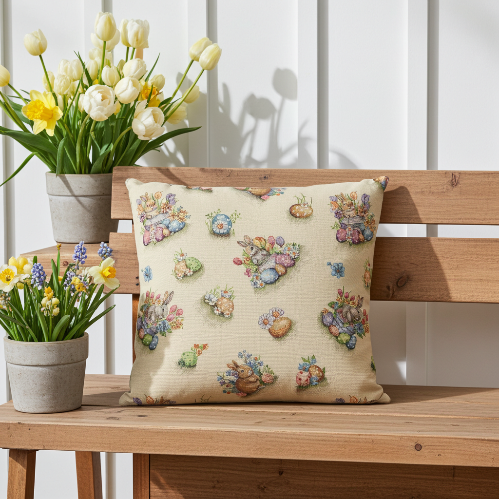 Gobelin Kissenhülle mit Hase im bunten Osternest - Easter Flower Bunny 40x40 cm