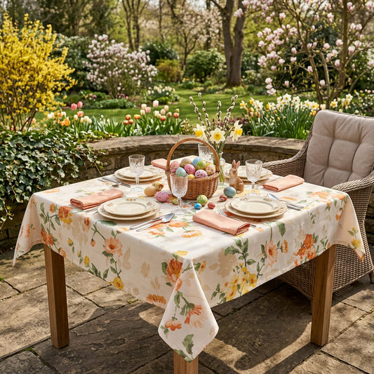 Baumwoll Mitteldecke Zweige und orange Blüten 85x85 cm