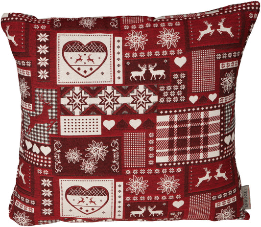 Kissenhülle Montana Cottage Rot 50x50 cm | Glatt & Fest - Patchwork Alpin Hirsch Dunkelrot