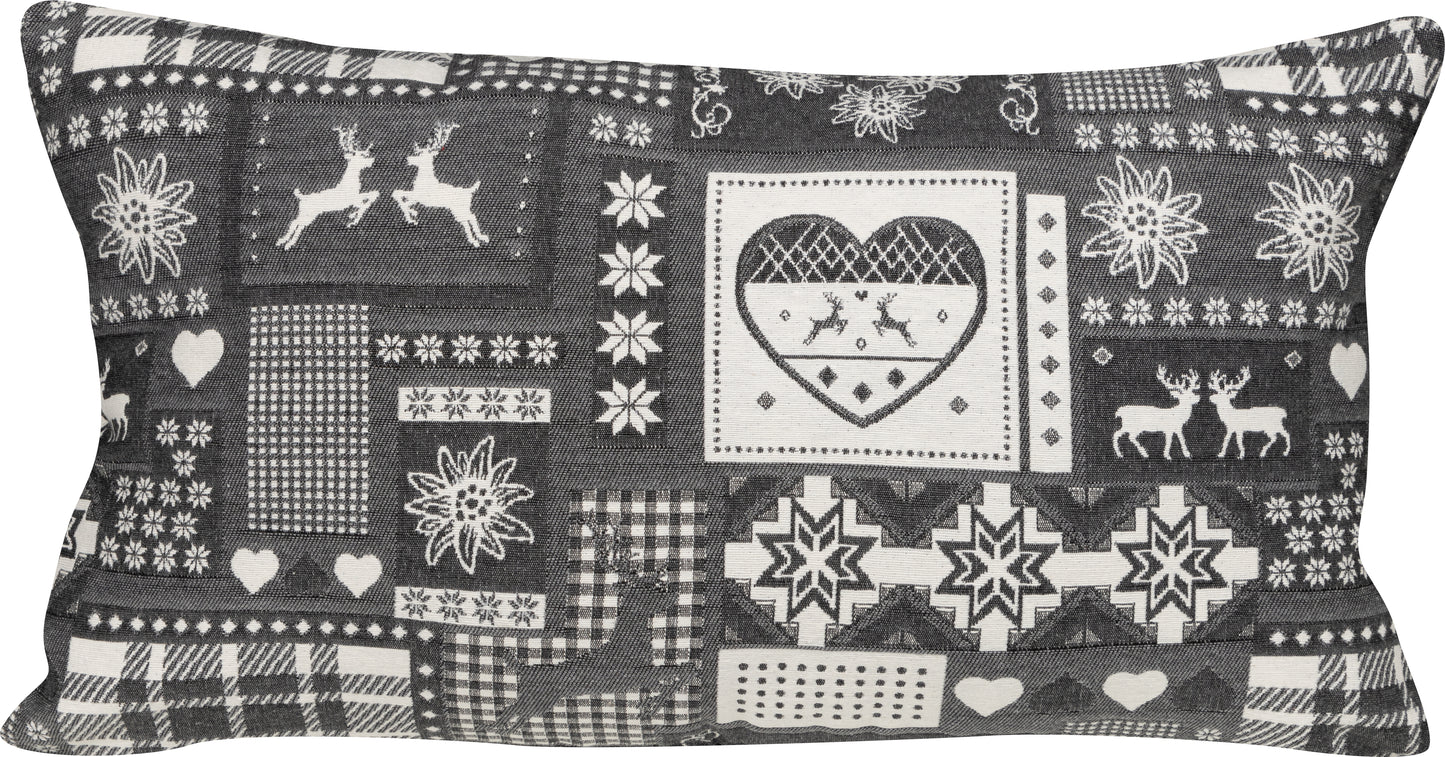 Kissenhülle Montana Cottage Grau 30x50 cm | Glatt & Fest - Patchwork Alpin Hirsch Grau