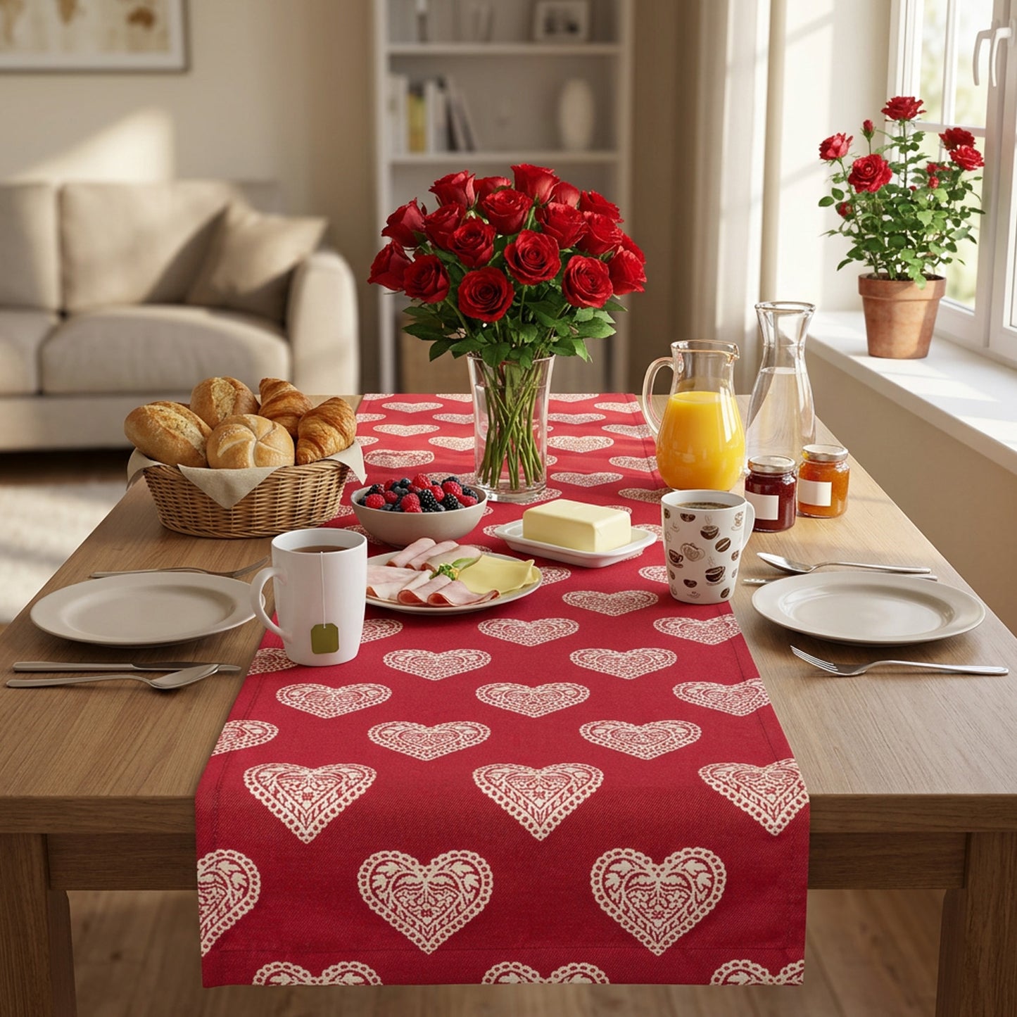 Jacquard Tischband Ornament Herz rot 50x150 cm